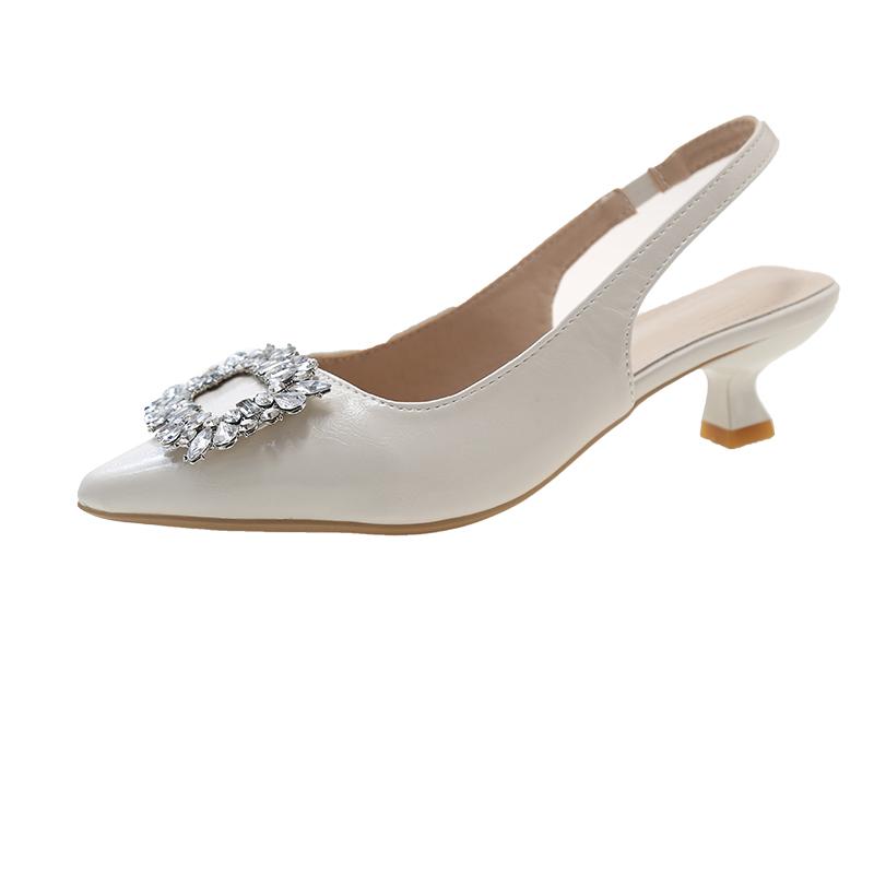 Летние женские босоножки, новые женские туфли, острый носок, неглубокие туфли телесного цвета с розовыми бриллиантами, низкий каблук, ремешки сзади, женские туфли