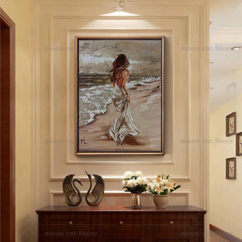 Красивая девушка на берегу моря, картина маслом, холст, HD печать, женские настенные художественные фотографии, украшение для гостиной, дома