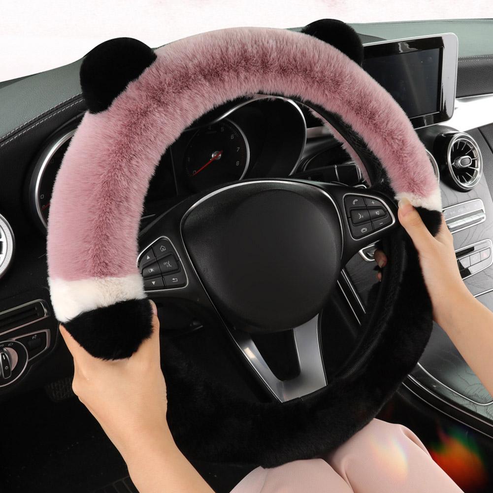 Чехол на руль автомобиля для зимы, теплый, пушистый, мягкий, плюшевый, милый, в форме ушей панды, защитный чехол на руль, декоративный чехол для интерьера