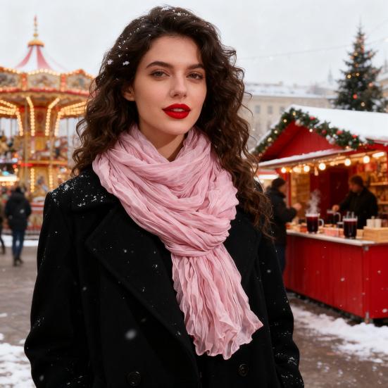 Yousheng Women Pleated Scarf Thickened Weave Autumn Winter Scarf Solid Color Breathable Shawl Headscarf Outfit Accessories