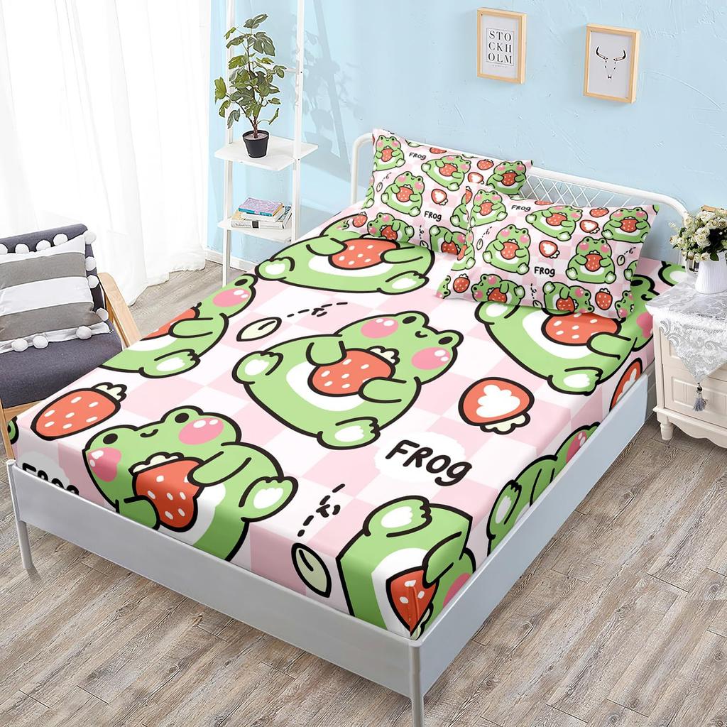 Милый мультяшный узор с лягушкой Шапка на кровать из трех частей Цифровая печать Постельное белье Шапка на кровать Набор из трех частей Дети и взрослые