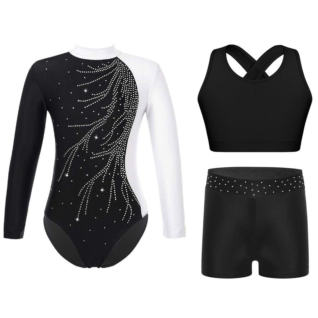 Girls Dance Outfit Set Mock Neck Long Sleeve Keyhole Back Color Block Design Leotard with Vest Shorts