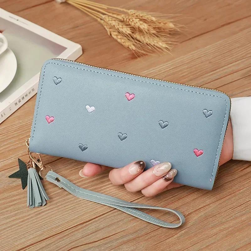 New Long Short Wallet Women's Fashion Credit Card Bag Purse Zipper Handbag Embroidered Heart Mobile Phone Money Coin Bag Case