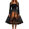 Women's Casual Fashion Halloween Print Square Neck Vintage Style Long Sleeve Dress with Waist Tie Belt Retro A-Line Midi Dress for Fall