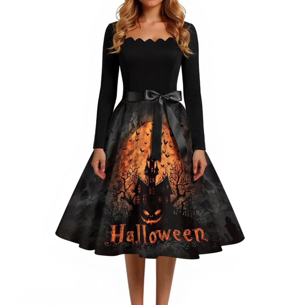Women's Casual Fashion Halloween Print Square Neck Vintage Style Long Sleeve Dress with Waist Tie Belt Retro A-Line Midi Dress for Fall