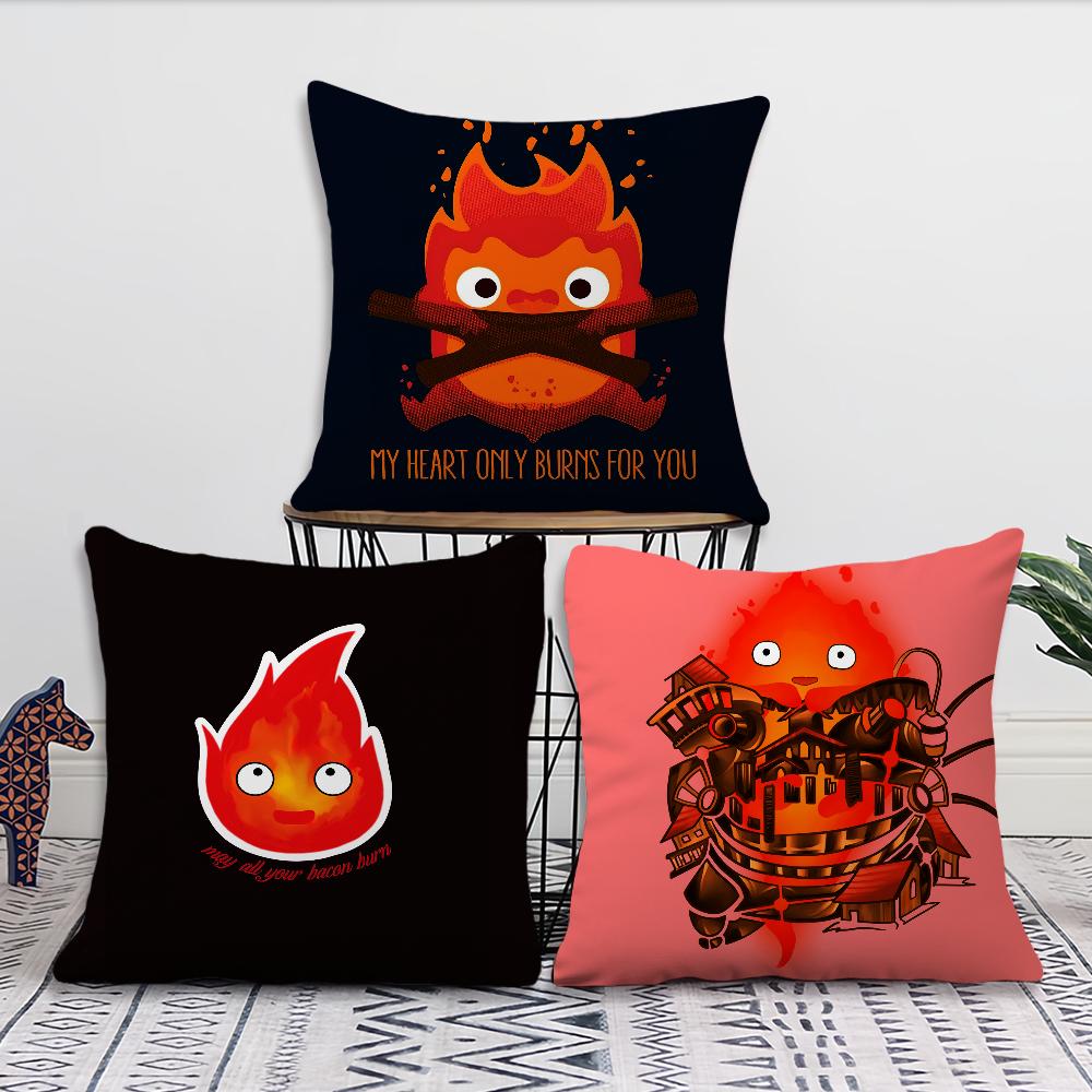 Cushion Cover Comfortable Soft Pillow Cartoon Case for Sofa Living Room Home Office Cute Decor C-Calcifer and Protective Covers