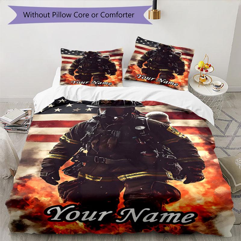 3PC Custom Name Firefighter's Valor Bedding Set Duvet Cover Closure Includes 1 Duvet Cover & 2 Pillowcases for Bedroom