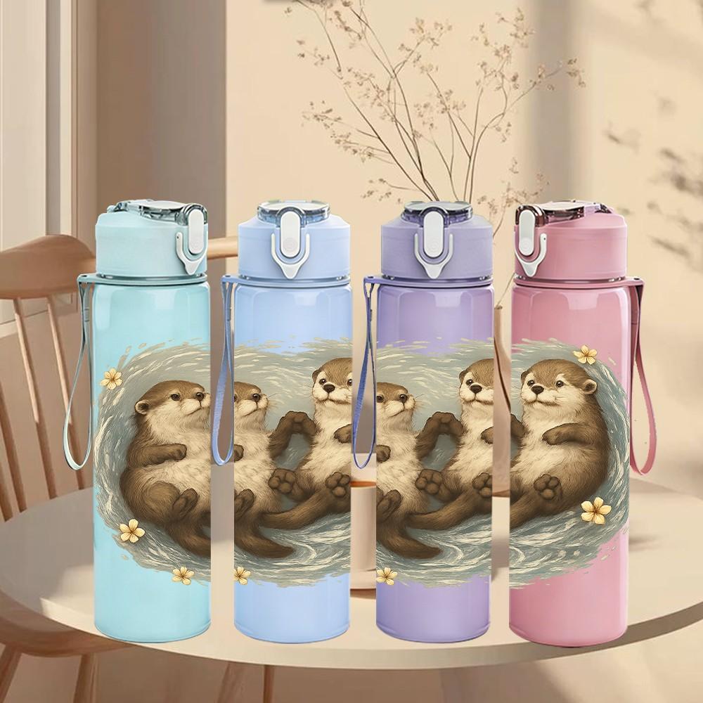 1PC Twin Hugging Otters 750ml Color Plastic Sports Water Bottle Leakproof Flip Straw Lid Suitable for Sports Office Home Use