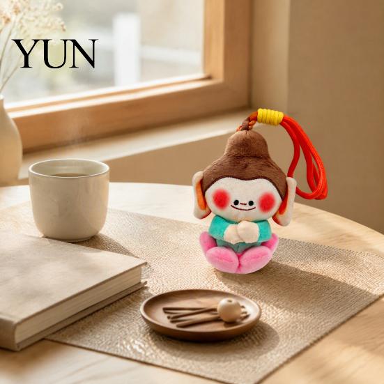 Cute Smile Face Pendant Buddha Keychain, Dunhuang Style Plush with Embroidered Small Stuffed Toy Ornament Details, Soft Car Bag Charm, Creative