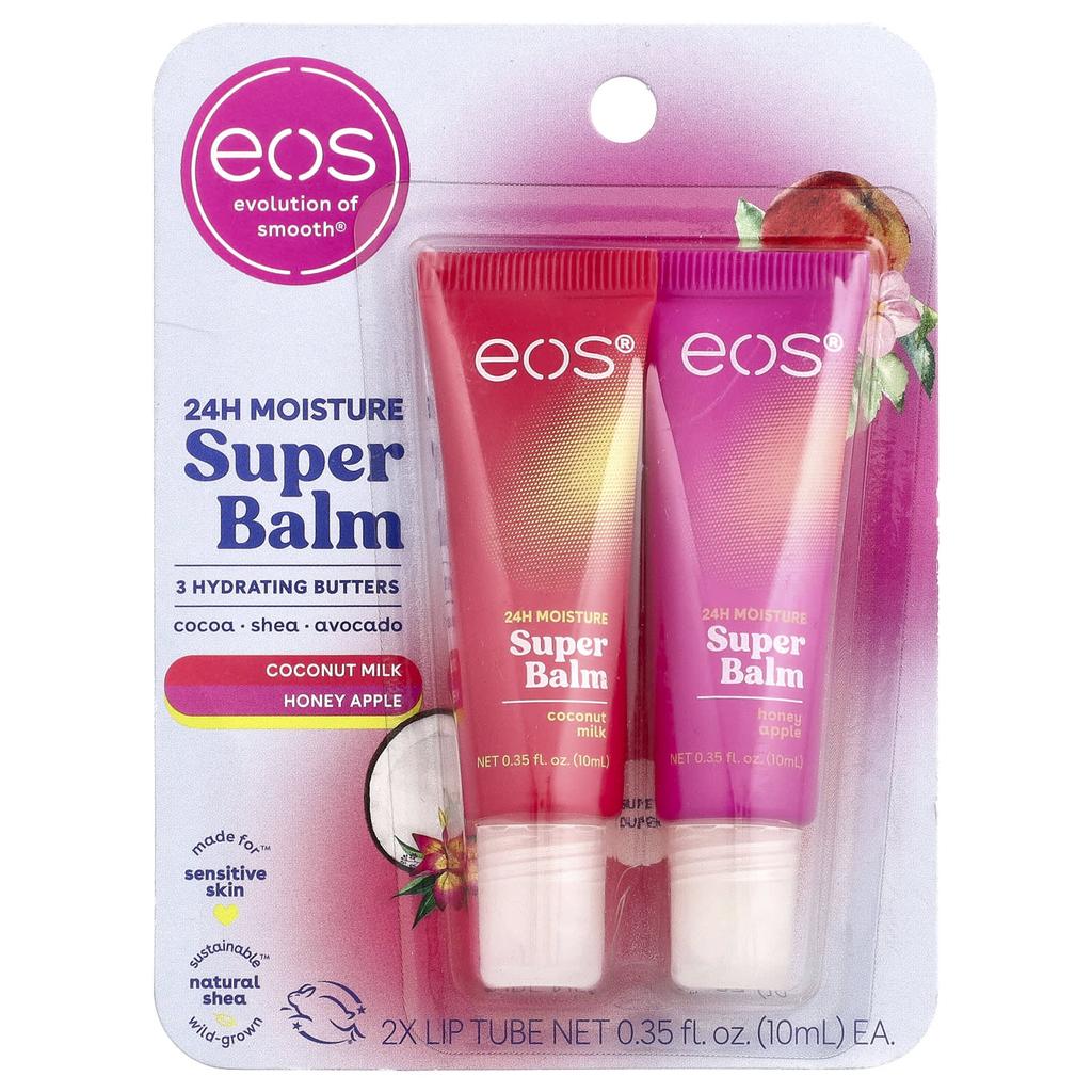 EOS 24H Moisture Super Balm, Coconut Milk & Honey Apple, 2 Pack, 10ml (0.35 Fl Oz) Each