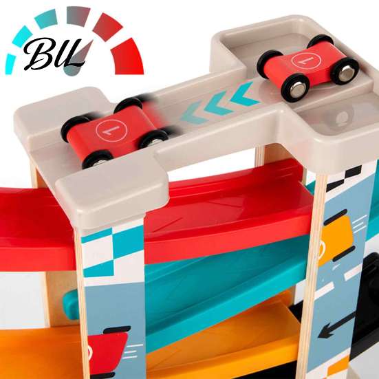 Early Development Sensory Toy Wooden Ramp Racer Car Toy, 4 Numbered Mini Cars And Parking Lot STEM Activity for Kids Design, Hand-eye Coordination