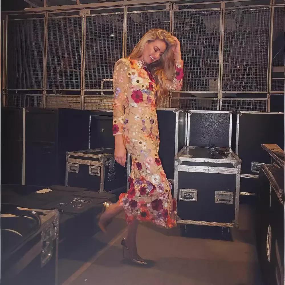 Платье-рыбий хвост из сетки с цветочной 3D-вышивкой - весна/лето