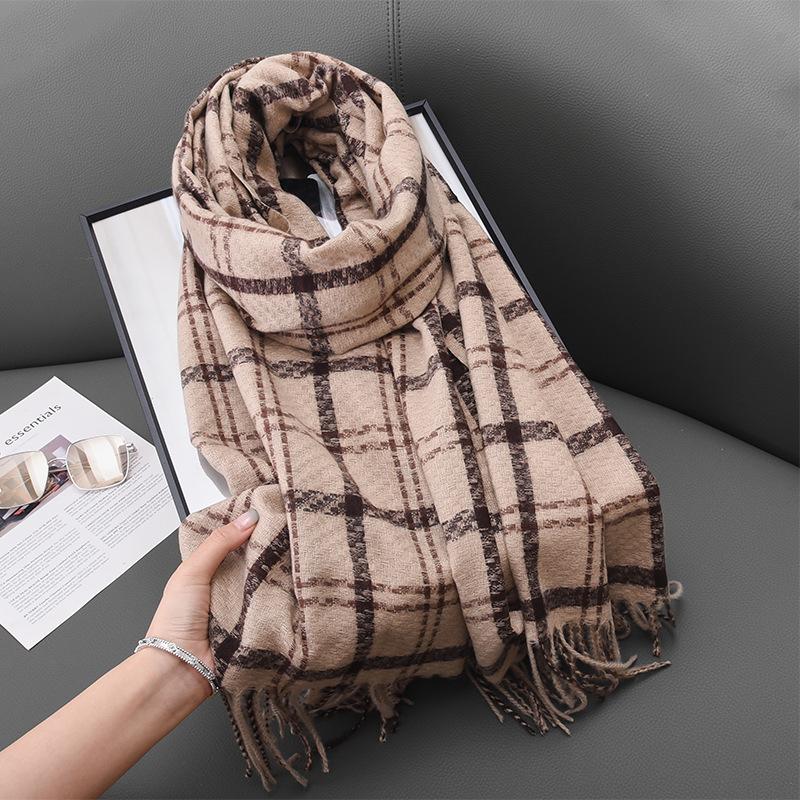 High Looking Imitation Cashmere Retro Hoop Yarn Plaid Scarf for Women Autumn and Winter Fashion Warm Tassel Shawl Scarf