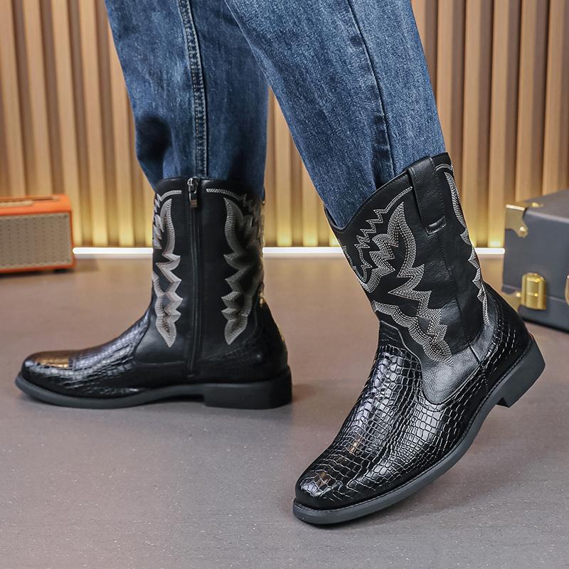Fashion Men's Luxe British Shoes Cowboy Botas Brogue Shoes Men Crocodile Pattern Boots Retro Side Zipper Motorcycle Boots Chelsea Boots