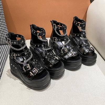 Празднуйте 10 см танкетки туфли на высоком каблуке увеличение роста пип-то обувь каблук обувь готическая пряжка платформа сандалии женщины крутые ботинки