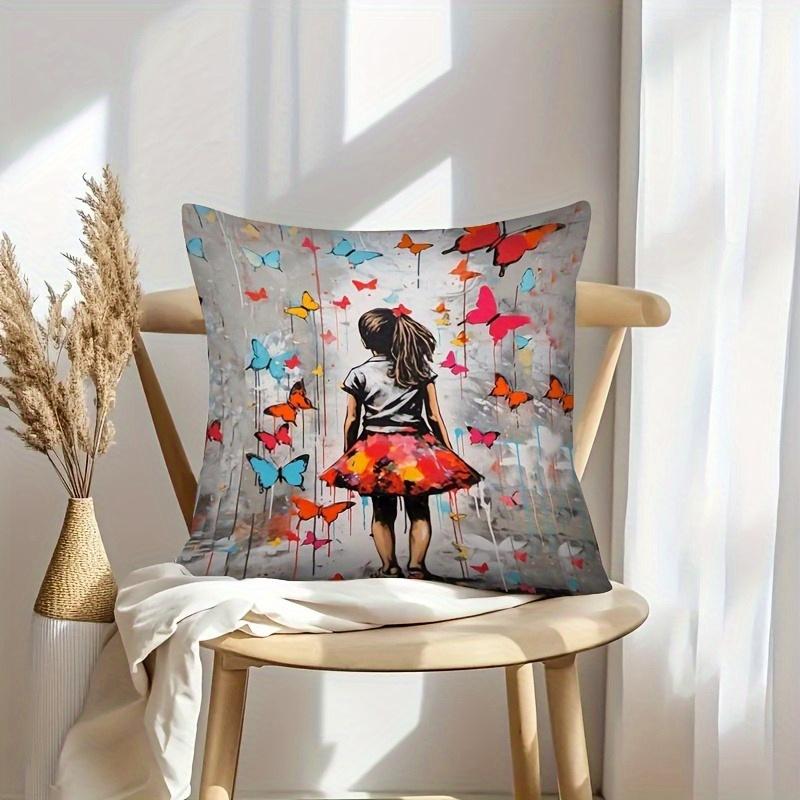 Heart & Colorful Butterflies Throw Pillow Cover With Short Plush Print For Living Room Decoration Cushion Cover Pillow Covers