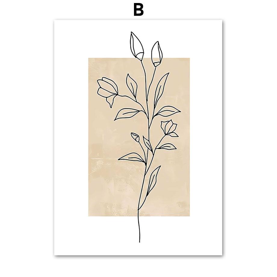 Beige Abstract Line Drawing Leaf Sun Natural Plant Boho Posters And Prints Canvas Painting Wall Art Pictures Living Room Decor