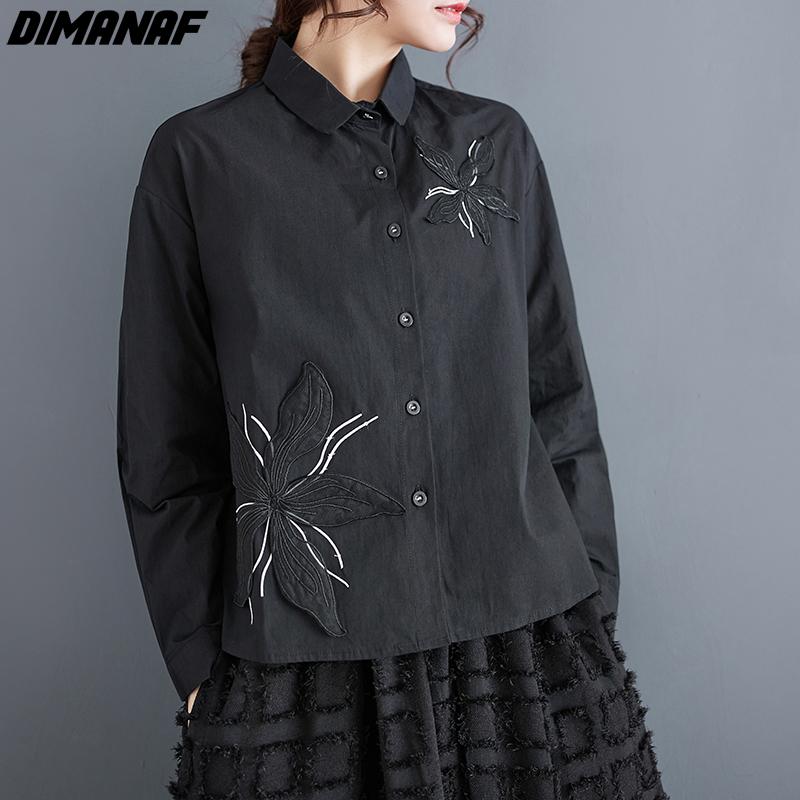 DIMANAF женская рубашка больших размеров на весну и лето, свободная базовая черная блузка с длинными рукавами и пуговицами, повседневные топы с цветочным принтом