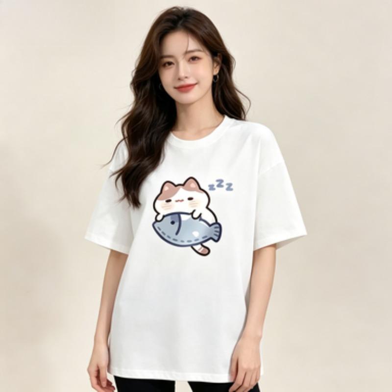 100 Cotton Round Neck Unisex T Shirt Cute Cartoon Sleeping Cat Hug Fish Zzz Graphic Short Sleeve Casual Basic Tee Multi Shades