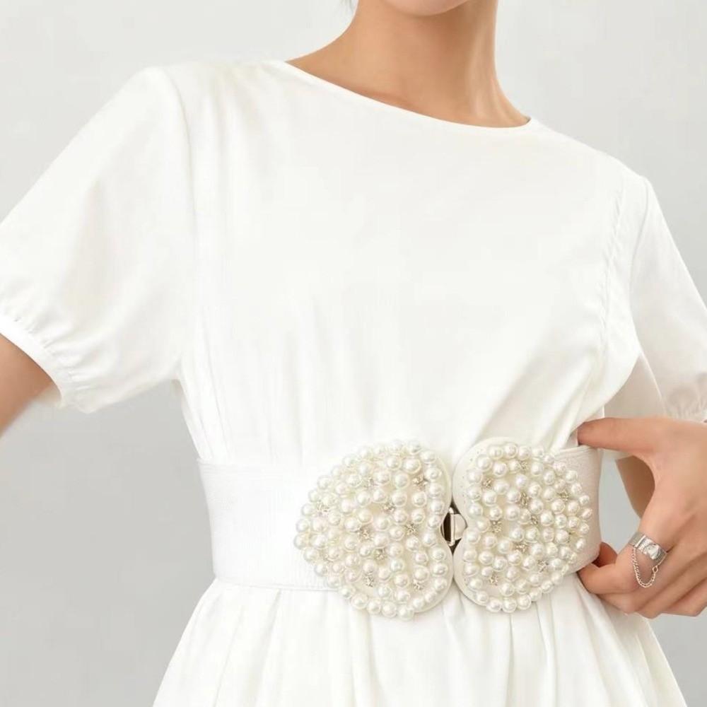 Buckle Pearl Elastic Waistband Heart-shaped Wide Waistband Lovely Stretch Belt Matching Dress
