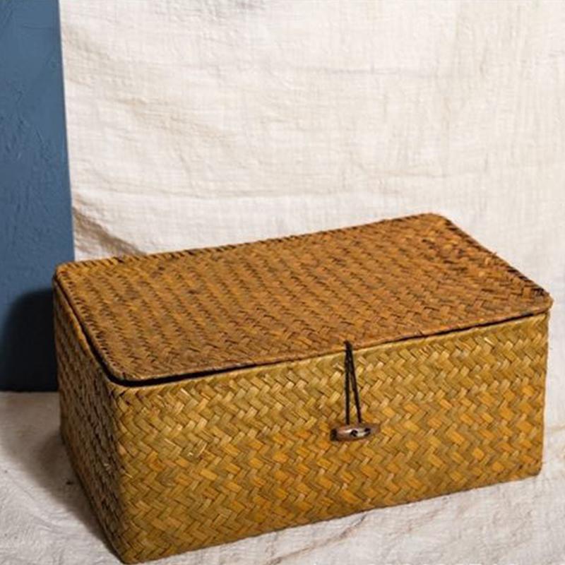 Woven Storage Baskets Wicker Storage with Lid Woven Storage Box Woven Natural Reed Storage Basket for Bookshelves Desks