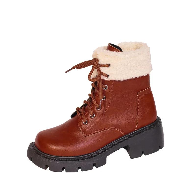 Thick Lace Up Ankle Boots for Women Retro Non Slip Autumn Round Toe Boots Woman Platform Short Booties Botas De Mujer2025