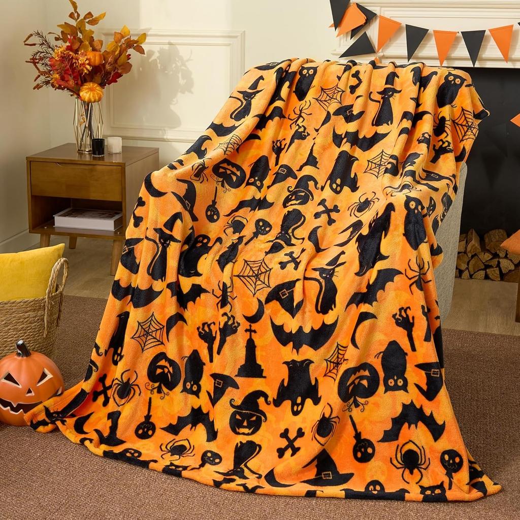 1PC Halloween Throw Blanket Black Bat Pumpkin Ghost Skull Thin Blanket Gifts for Decor Couch Bed Car Home Camping All Season Use