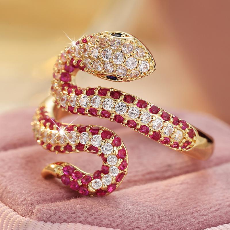 Dazzling Inlaid White Red CZ Snake Women's Ring Retro Gold Color Geometry Daily Wear Party Jewelry Anniversary Gift