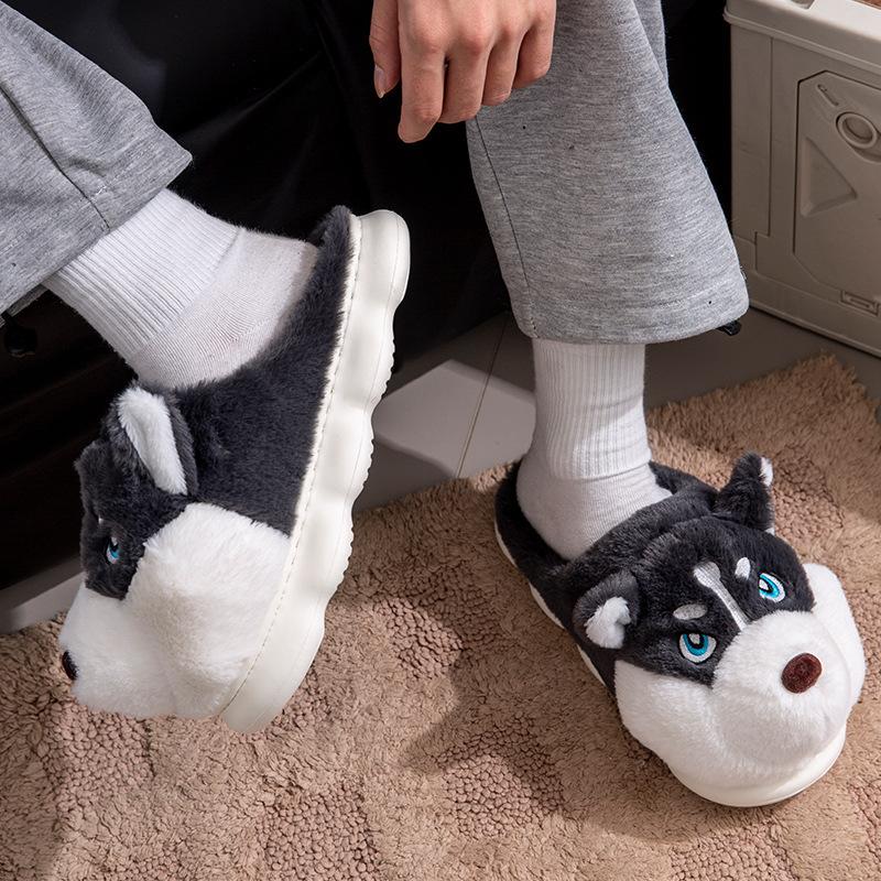 Fashion New Unisex Husky Cartoon Slippers Winter Plush Lined Anti-Slip Indoor Home Shoes Warm Comfortable Couples Fuzzy House Booties