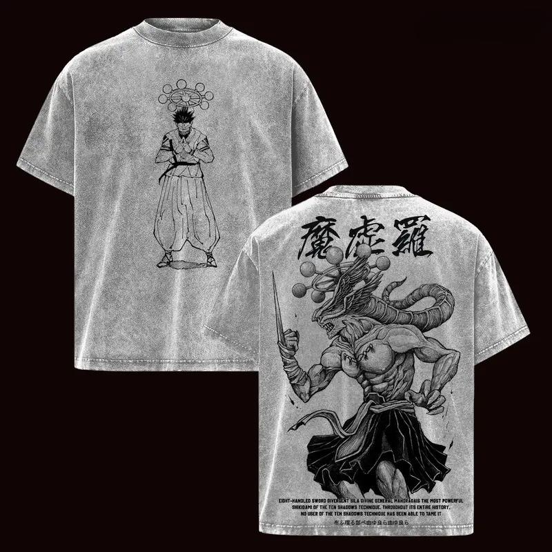 Горячий Аниме Jujutsu Kaisen Рёмен Сукуна Махорага Одежда Мужские Футболки Хлопковая Футболка с Эффектом Стирки Ретро Оверсайз Футболка Харадзюку Футболка