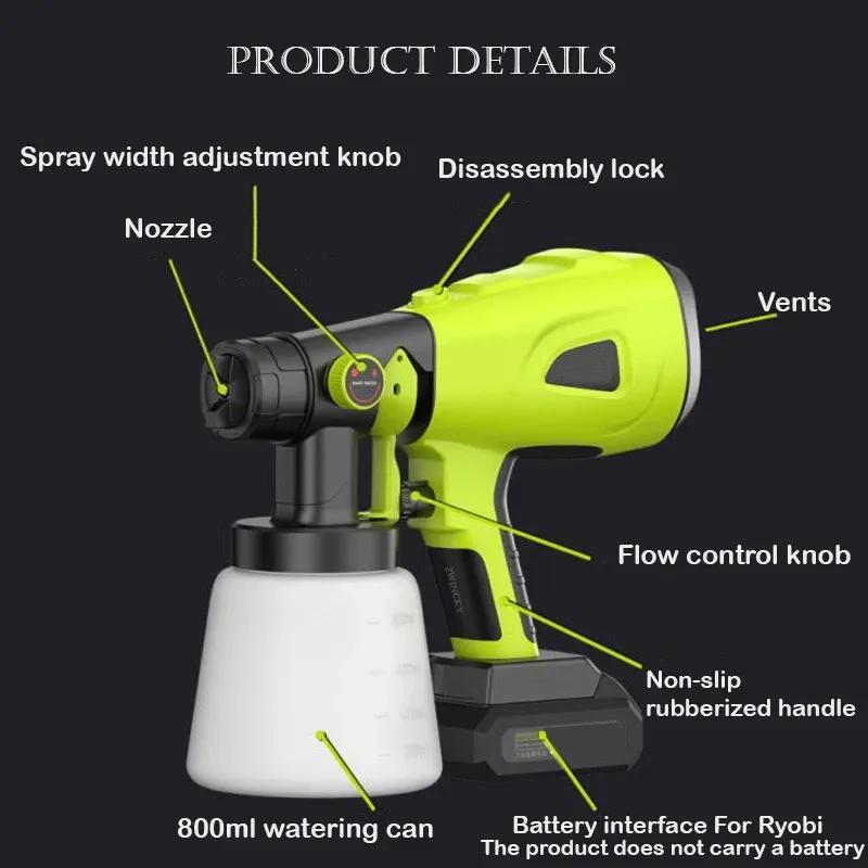 For RYOBI 18V Battery Electric Tool Electric Spray Gun 800ML 200W Cordless Paint Sprayer Furniture Steel Coating Airbrush