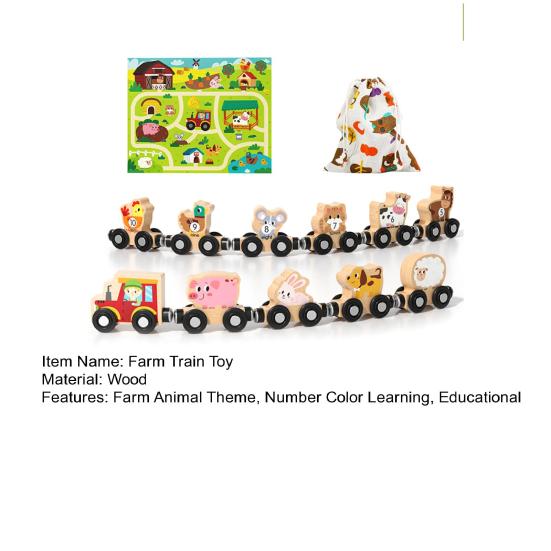 Kids Wooden Magnetic Farm Train Toy Color Cartoon Animal Number Preschool Learning Toddlers Boys Girls Educational Locomotive Carriages Toy