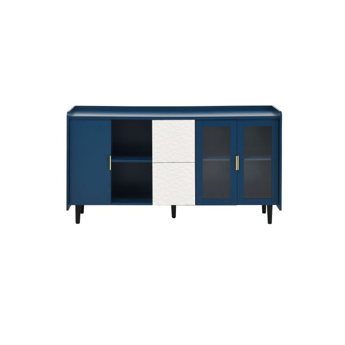 Armoire de rangement de 55 pouces comprenant deux tiroirs, deux compartiments de rangement ouverts et deux portes vitrées.