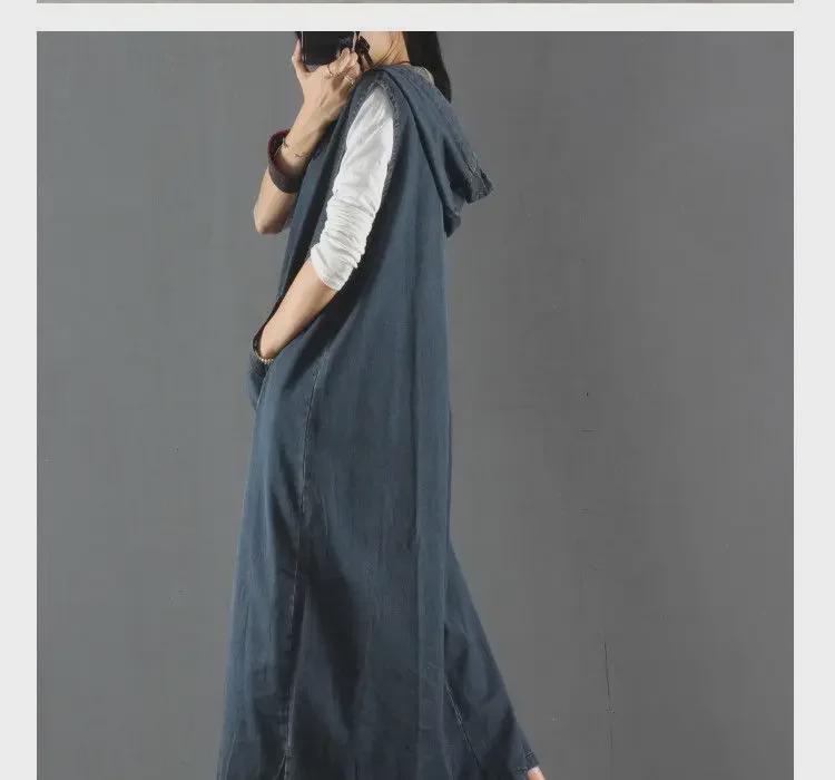 Корейское джинсовое платье большого размера с капюшоном и без рукавов — повседневное, утягивающее, антивозрастное