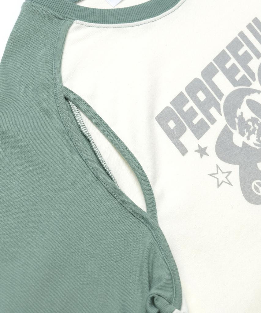 DISCO DONUT Open Armhole Heart Raglan T-Shirt_Green/Ivory
