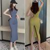 Women's Solid Color Casual Sexy Slit Bodycon Dress Summer Sleeveless Ladies Mid-length Vestidos