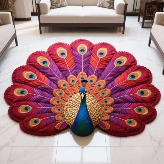 3D Peacock Pattern Plush Rug Non-Slip Backing Easy To Clean Various
