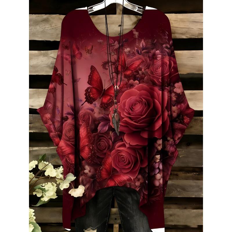 Women Floral Butterfly Print Loose Tunic Top