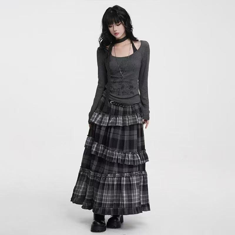 Коричневая клетчатая юбка миди Meilade - Осенний сезон, Длинная