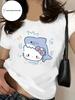 Летняя футболка Sanrio Hello Kitty для девочки Милый узор с акулой Модная Модная Универсальная