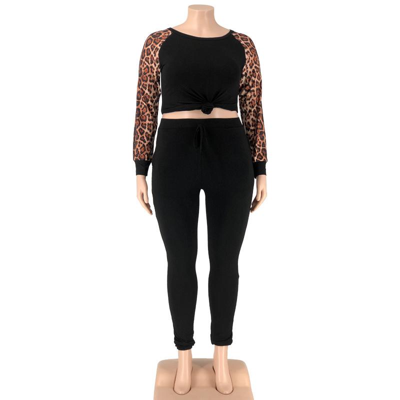 Весенне-осенний большой женский модный повседневный большой женский костюм с леопардовым принтом и контрастным принтом из двух предметов