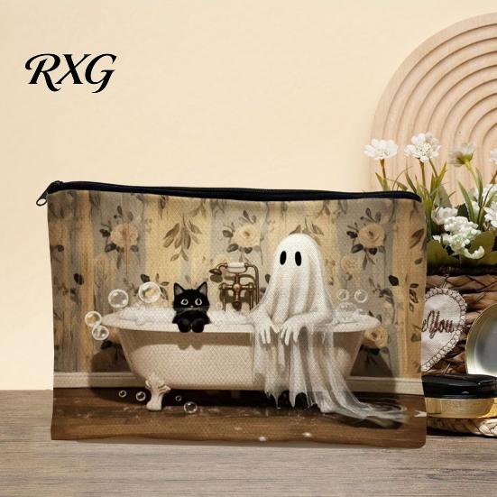 Cartoon Brush Holder Halloween Theme Cosmetic Bag, Durable Canvas Zipper Makeup Pouch, Digital Print Pouch Portable Storage for Stationery And