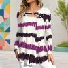 Women Plus Size Keyhole Ring Neck Long Sleeve White Purple Printed Flared Hem T Shirt