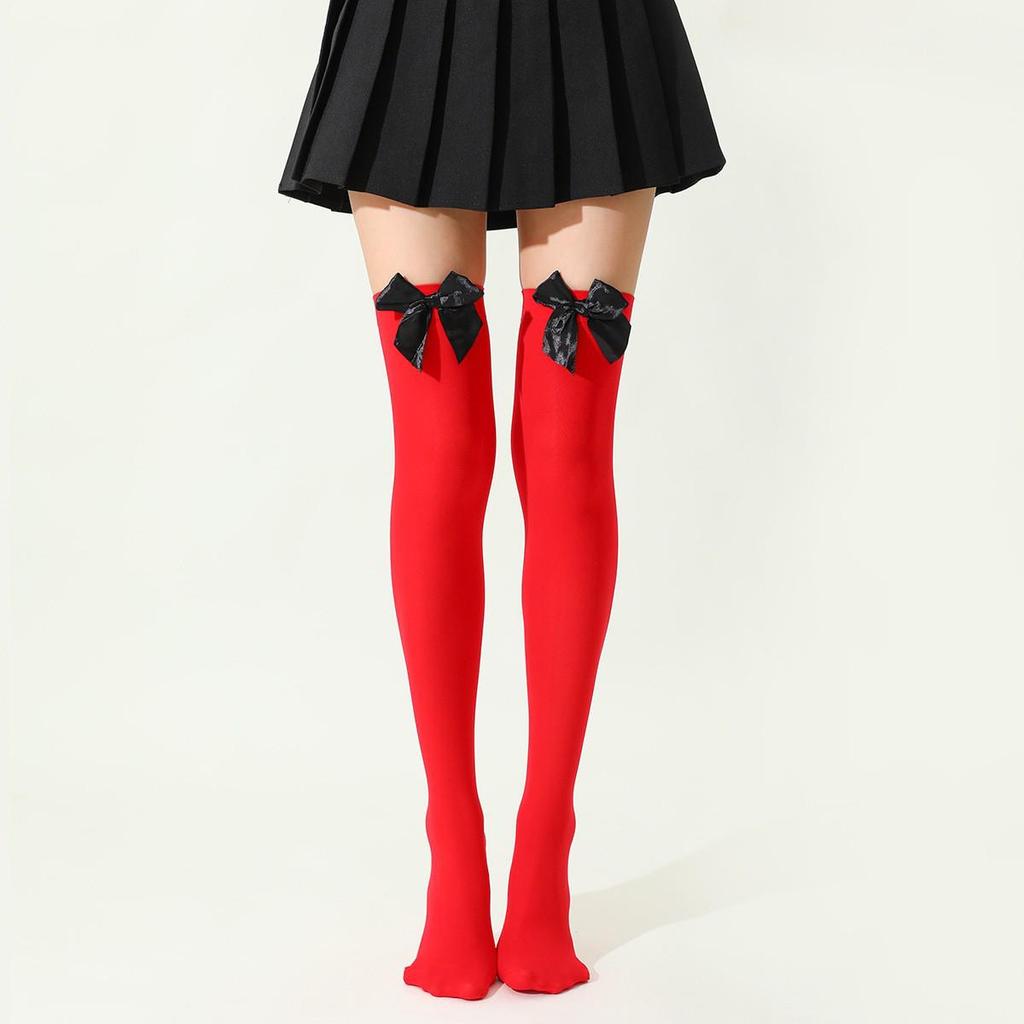 Women's Lace Trim Erotic Silk Thigh-High Stockings with Bow