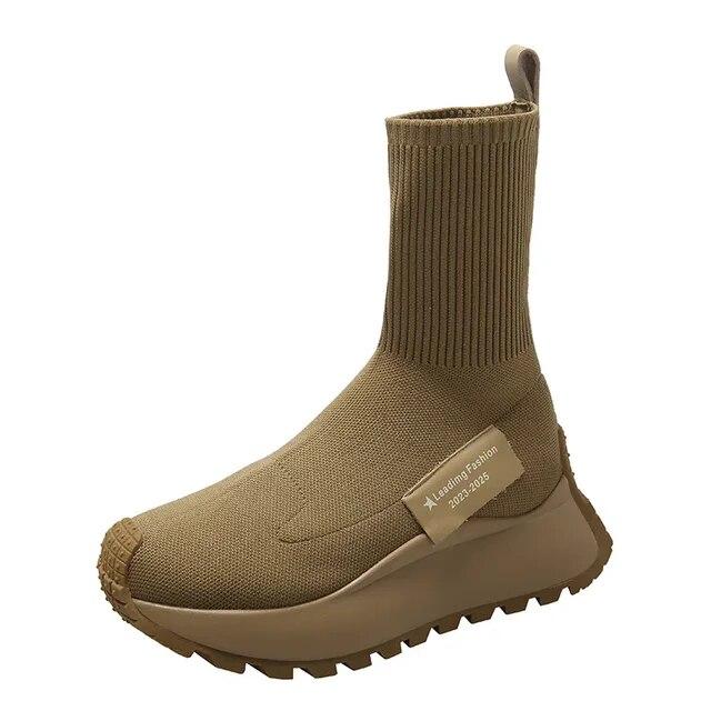 Ботильоны на платформе с носками, женские осенне-зимние повседневные высокие эластичные удобные ботинки из трикотажной ткани, женские ботинки на толстой подошве