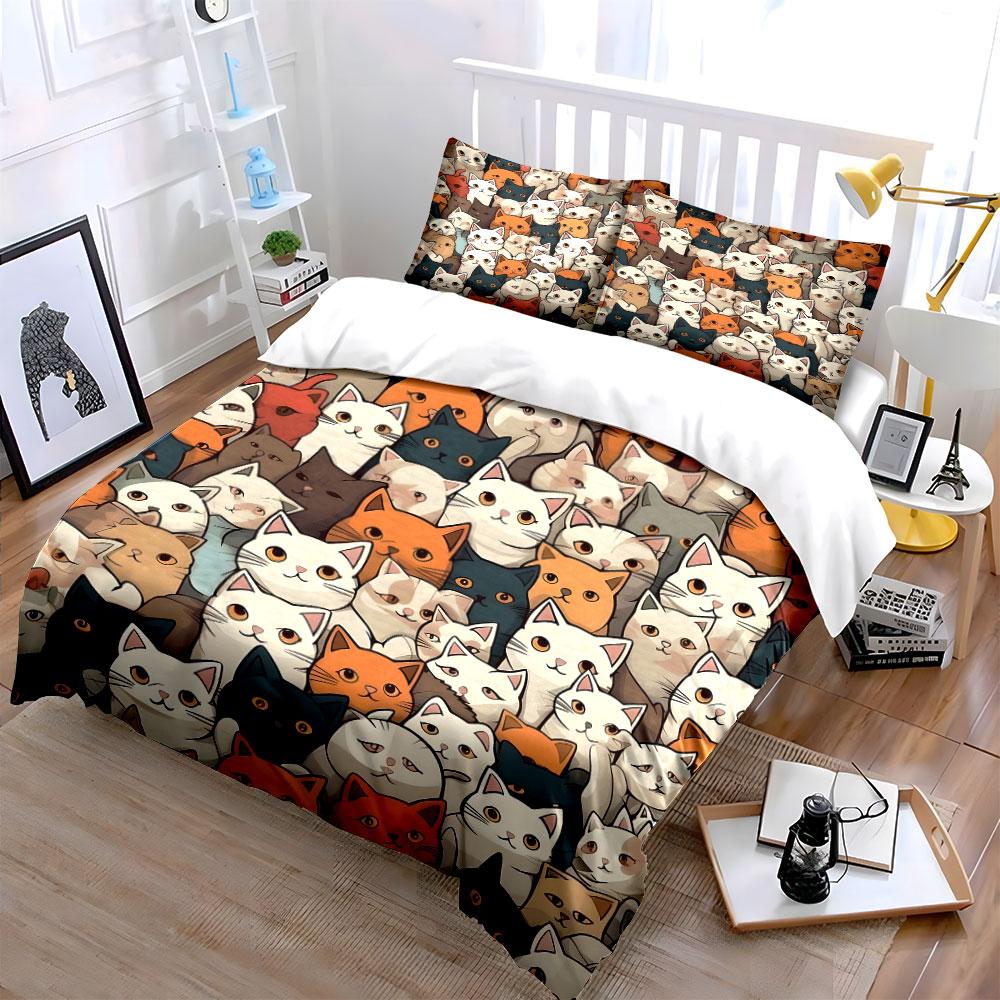 Adorable Colorful Cat Pattern Bedding Duvet Cover Set (1*Duvet Cover 2*Pillowcases, without duvet insert)