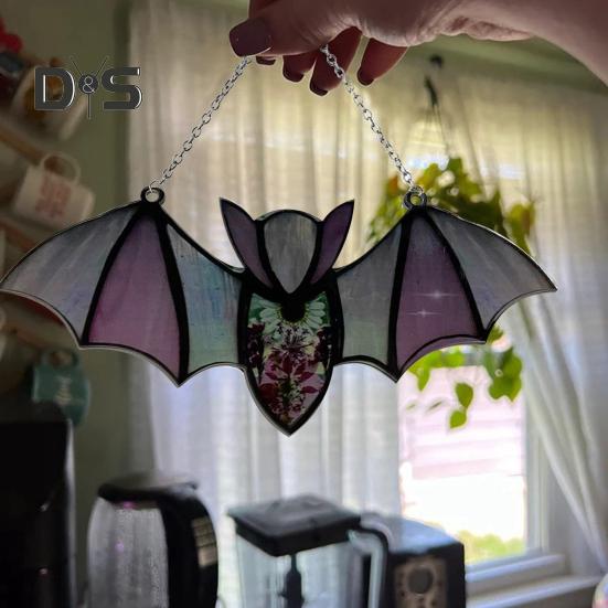 Halloween Hanging Glass Suncatcher Decoration Acrylic 2D Bat Ornament Gothic Car Rearview Mirror Decor for Home Window Wall Car