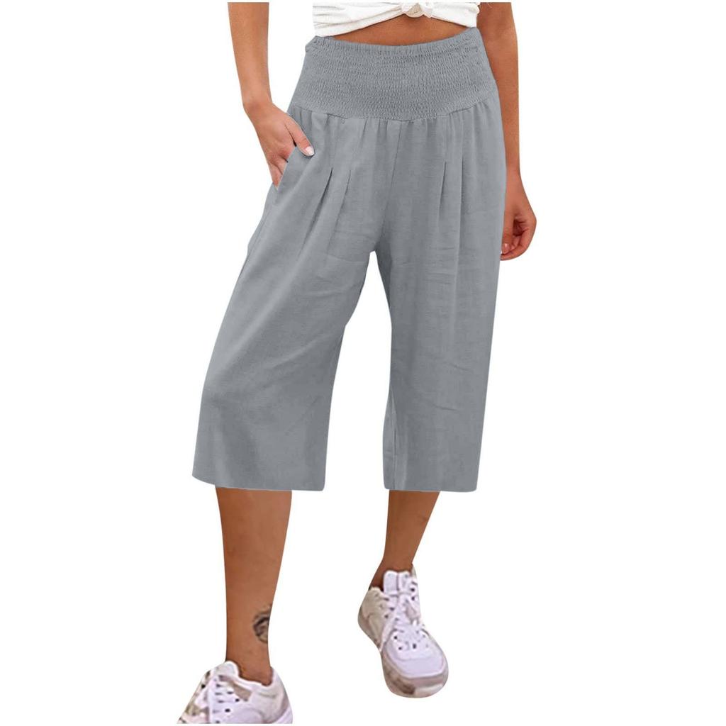 Женские однотонные повседневные эластичные брюки с высокой талией, однотонные семиточечные брюки с карманами