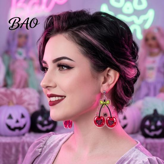 Gift for Girls Friends 1 Pair Acrylic Cherry Earrings Women, 2D Fruit Dangle Drop Spider with Web And Bow, Punk Jewelry Halloween Party Versatile