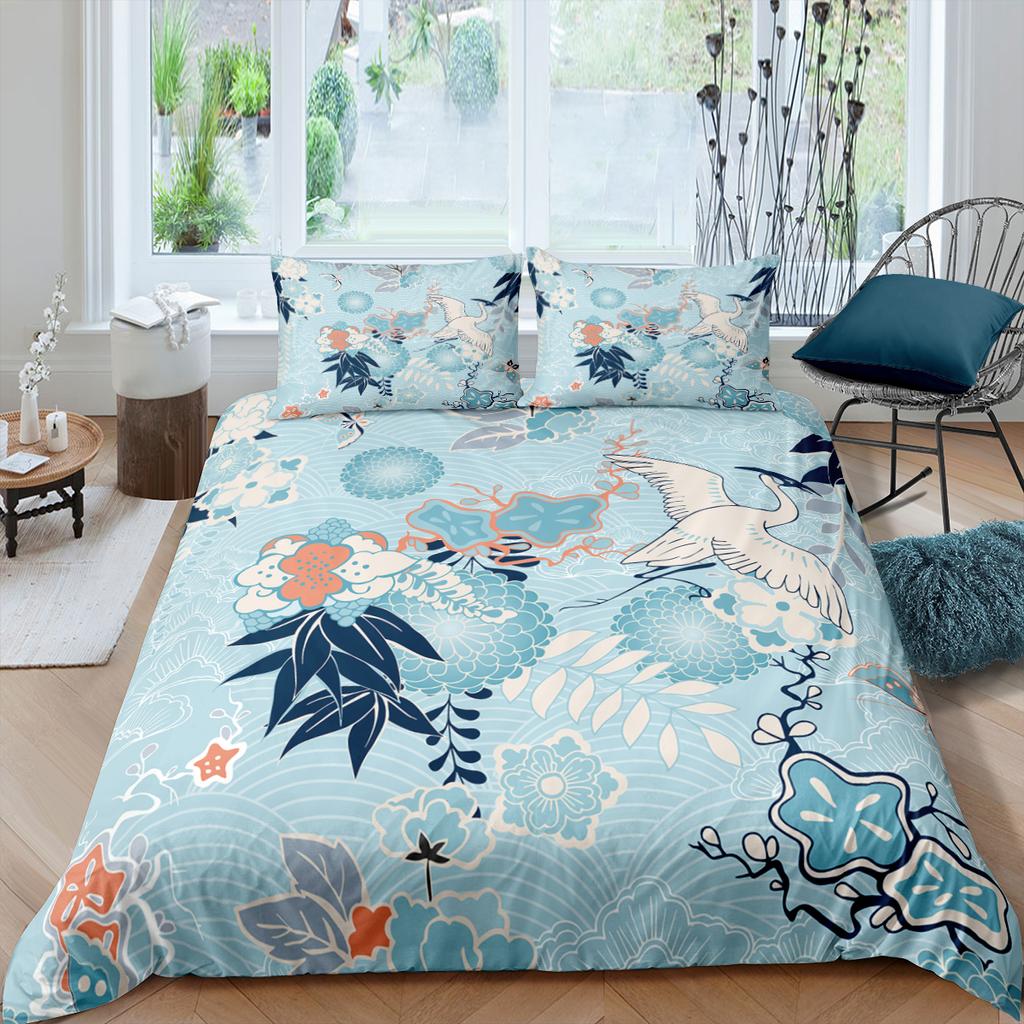Пододеяльник с японским журавлем King Queen Size Wave Flower Ukiyo-e Style Комплект постельного белья Восточная культура 2/3 шт. Полиэстеровый пододеяльник